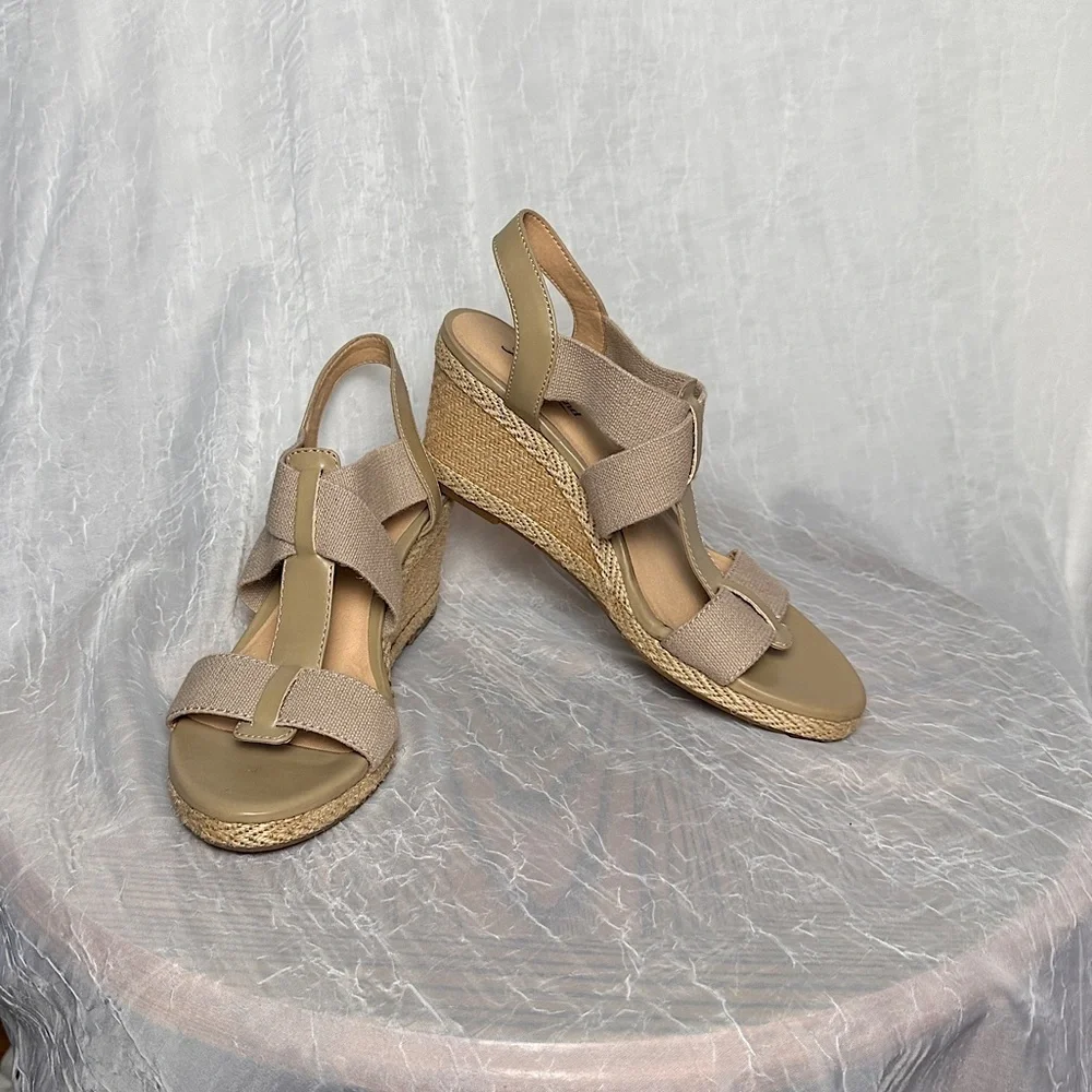 Lucky Brand Cork Wedge Heel Espadrilles Sandals T-strap Stretch Slingback 9.5‎
